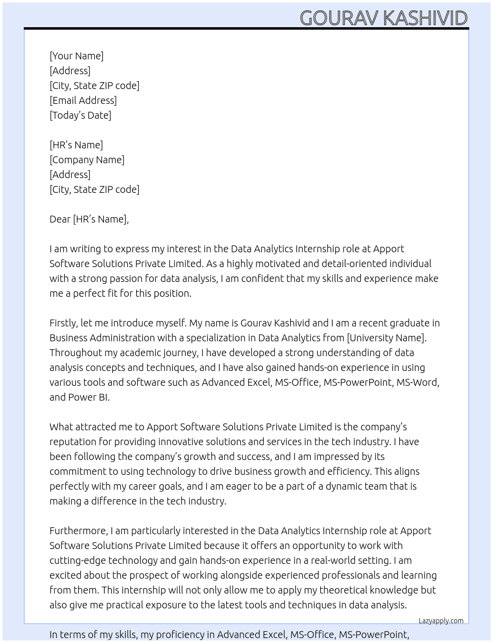 Data Analytics At Apport Software Solutions Private Limited Cover Letter