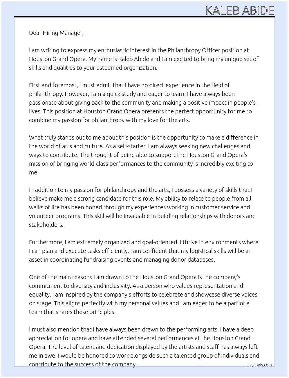 Philanthropy Officer At Houston Grand Opera Cover Letter