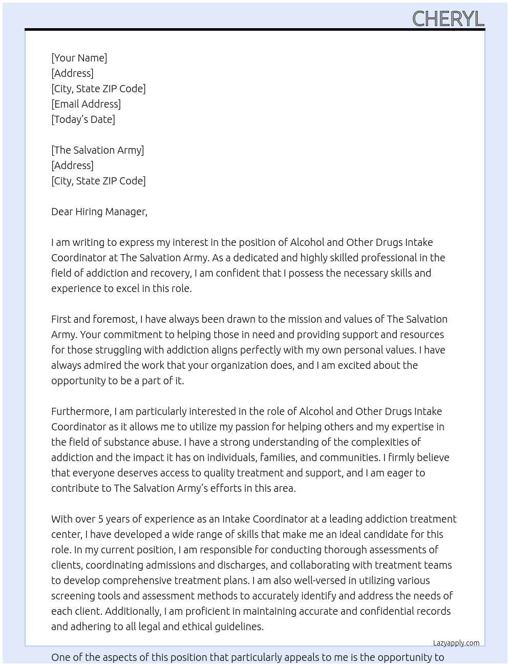 Alcohol and Other Drugs Intake Coordinator At The Salvation Army Cover Letter
