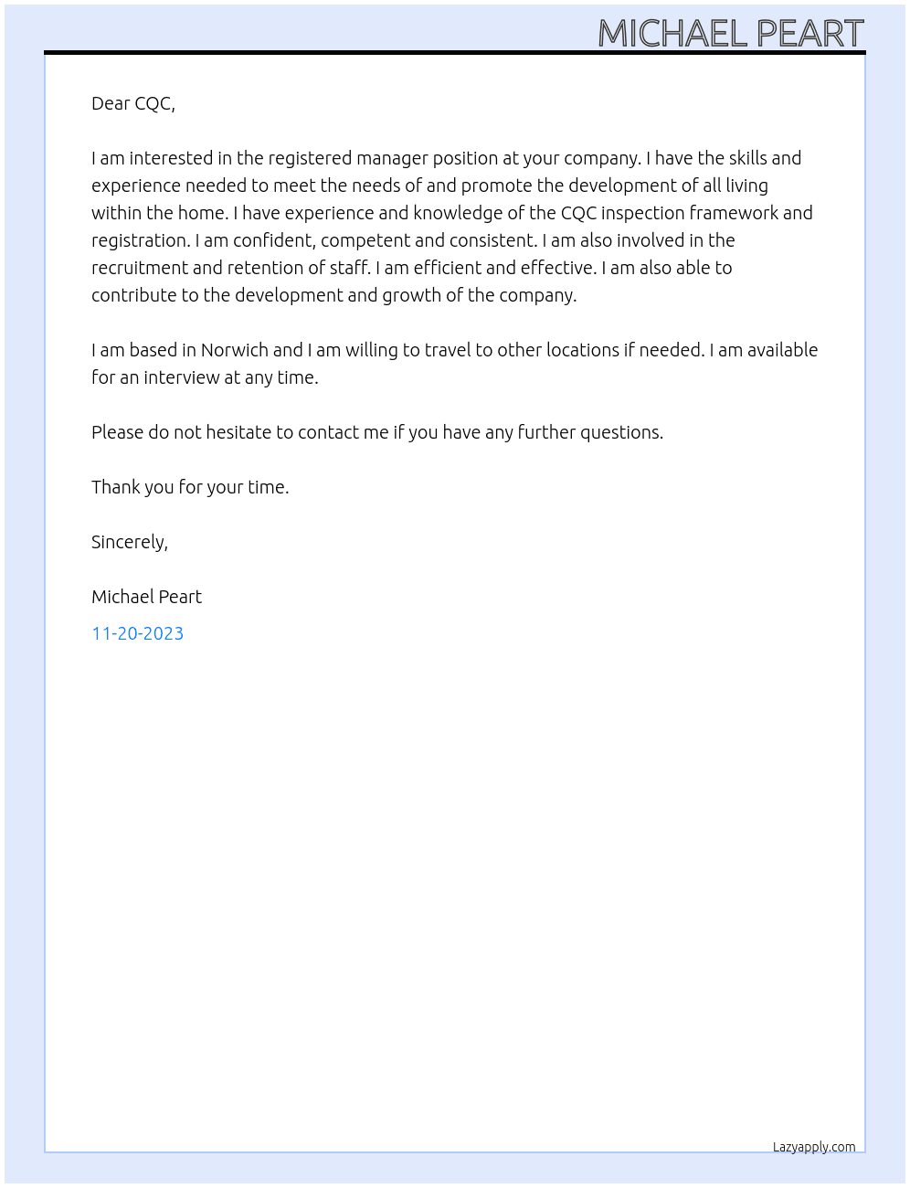 Registered manager At CQC Cover Letter