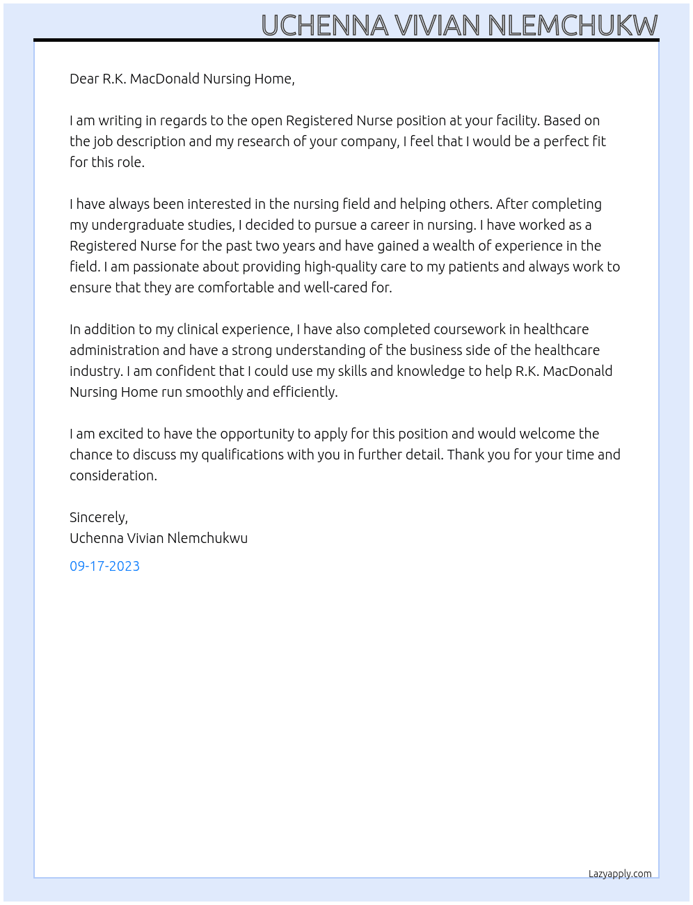 Registered Nurse At R.K. MacDonald Nursing Home  Cover Letter