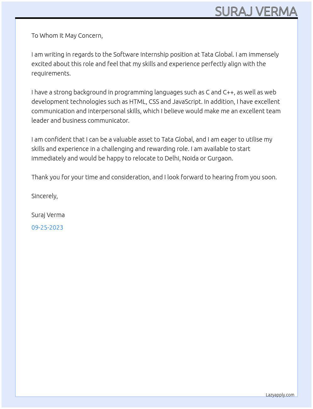 Software Internship  At Tata Global Cover Letter