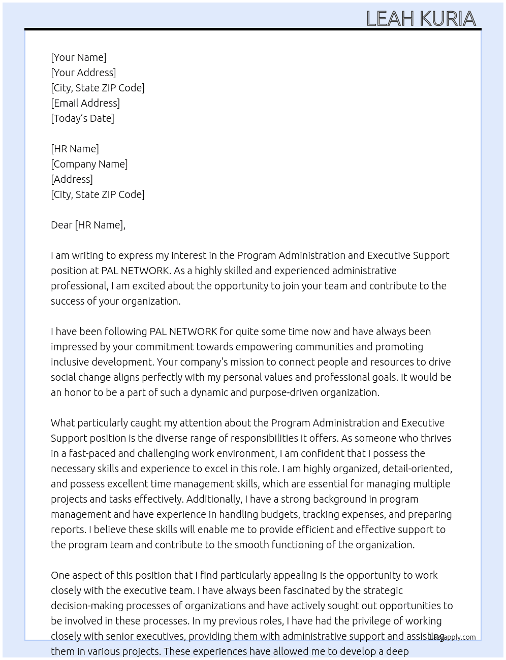 Program Administration and Executive Support  At PAL NETWORK  Cover Letter