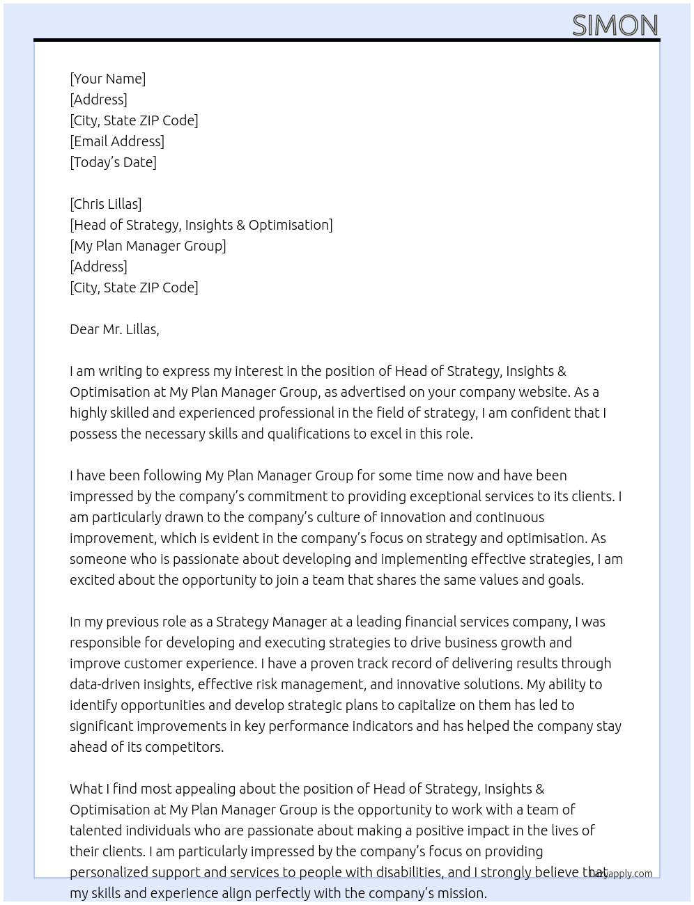 Head of Strategy, Insights & Optimisation At My Plan Manager Group Cover Letter