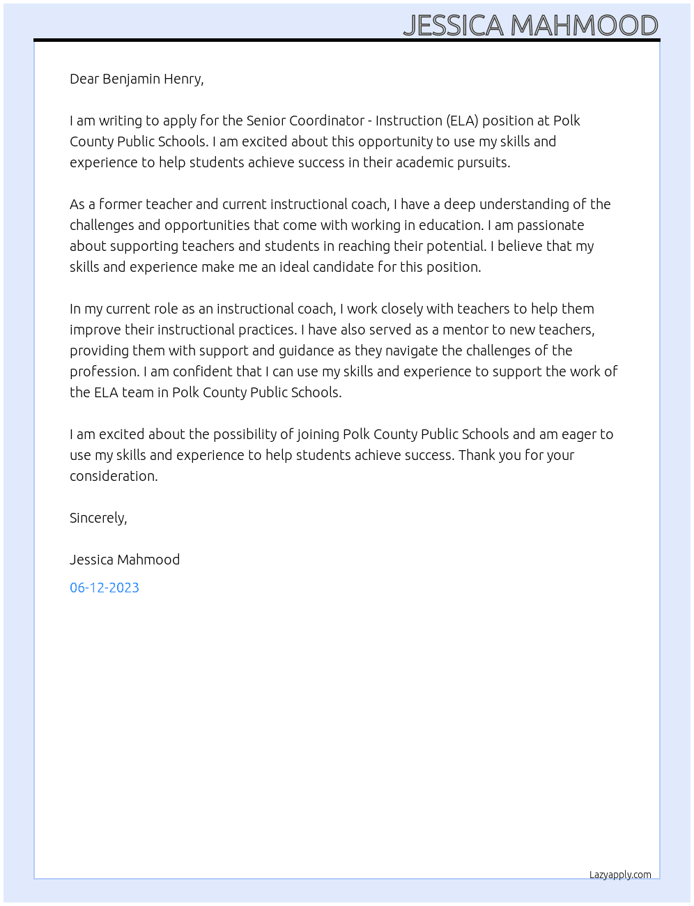 Senior Coordinator - Instruction (ELA) At Polk County Public Schools Cover Letter