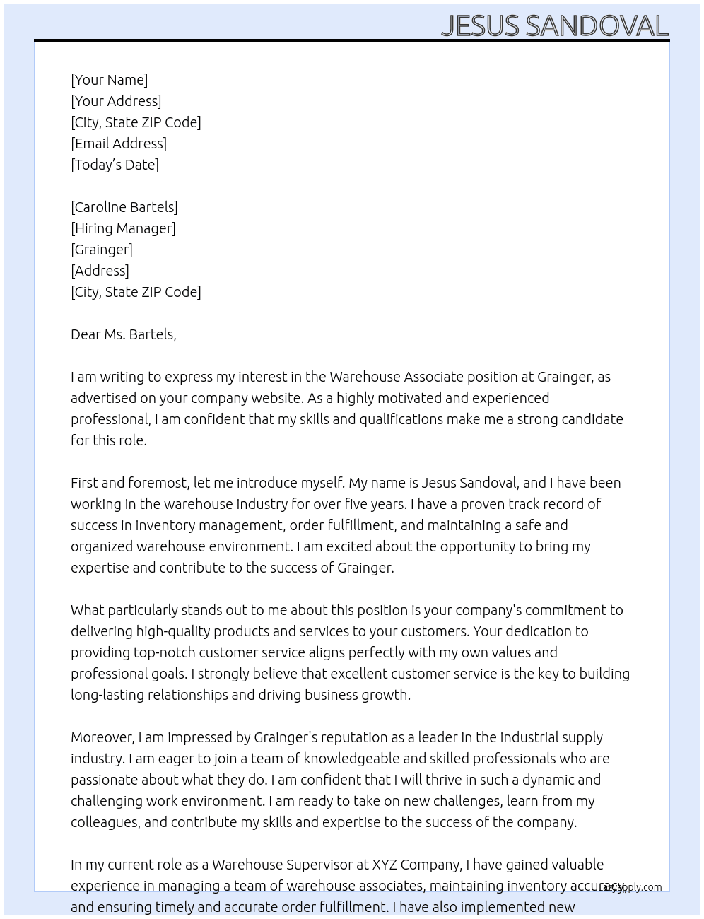 Warehouse Associate At Grainger Cover Letter
