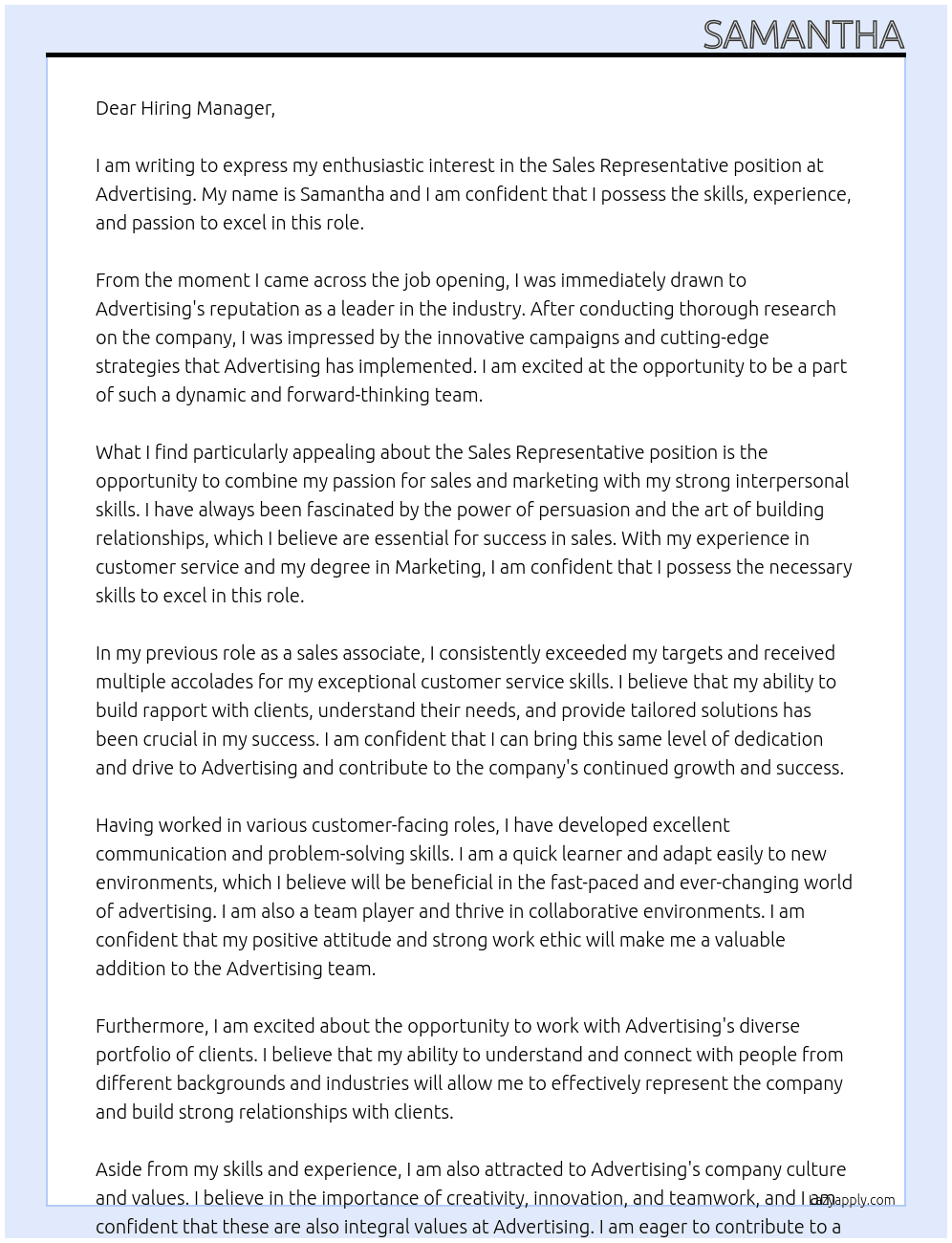 Sales Representative At Advertising Cover Letter