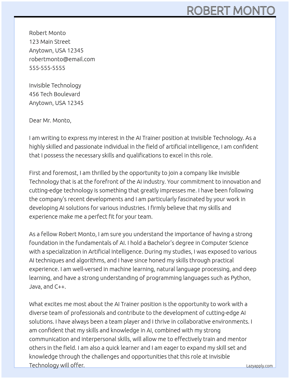 AI TRAINER At INVISIBLE TECHNOLOGY Cover Letter