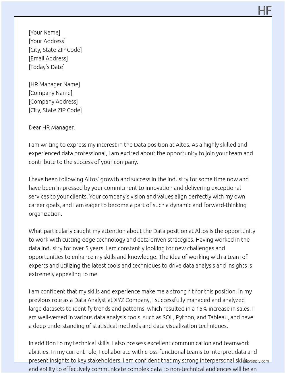 data At altos Cover Letter