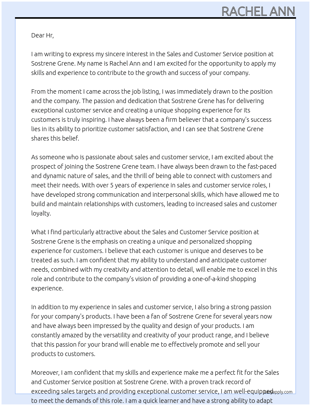 Sales and customer service At Sostrene grene Cover Letter