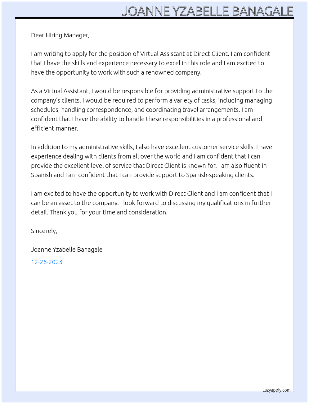 Virtual Assistant At Direct Client Cover Letter
