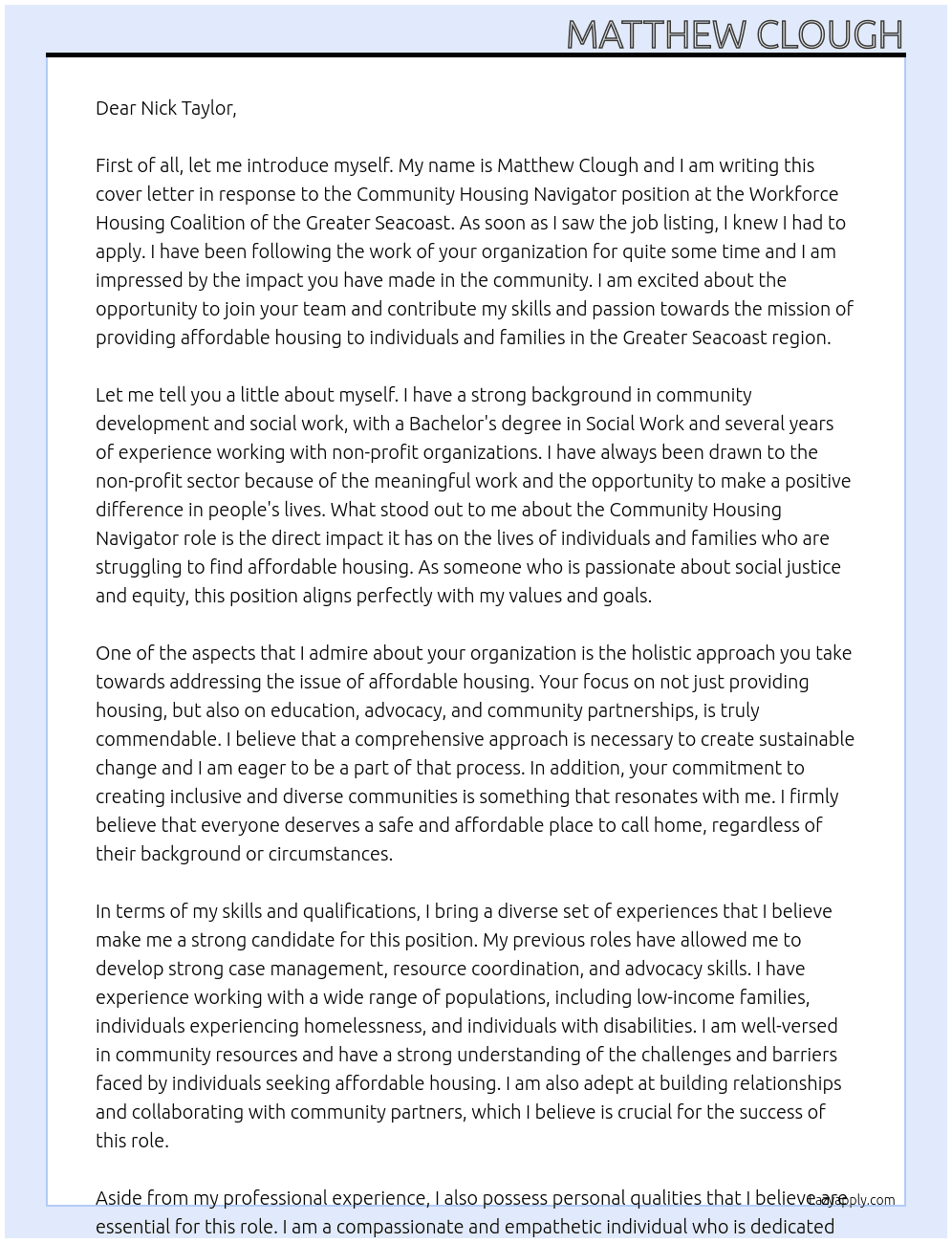Community Housing Navigator  At Workforce Housing Coalition of the Greater Seacoast Cover Letter