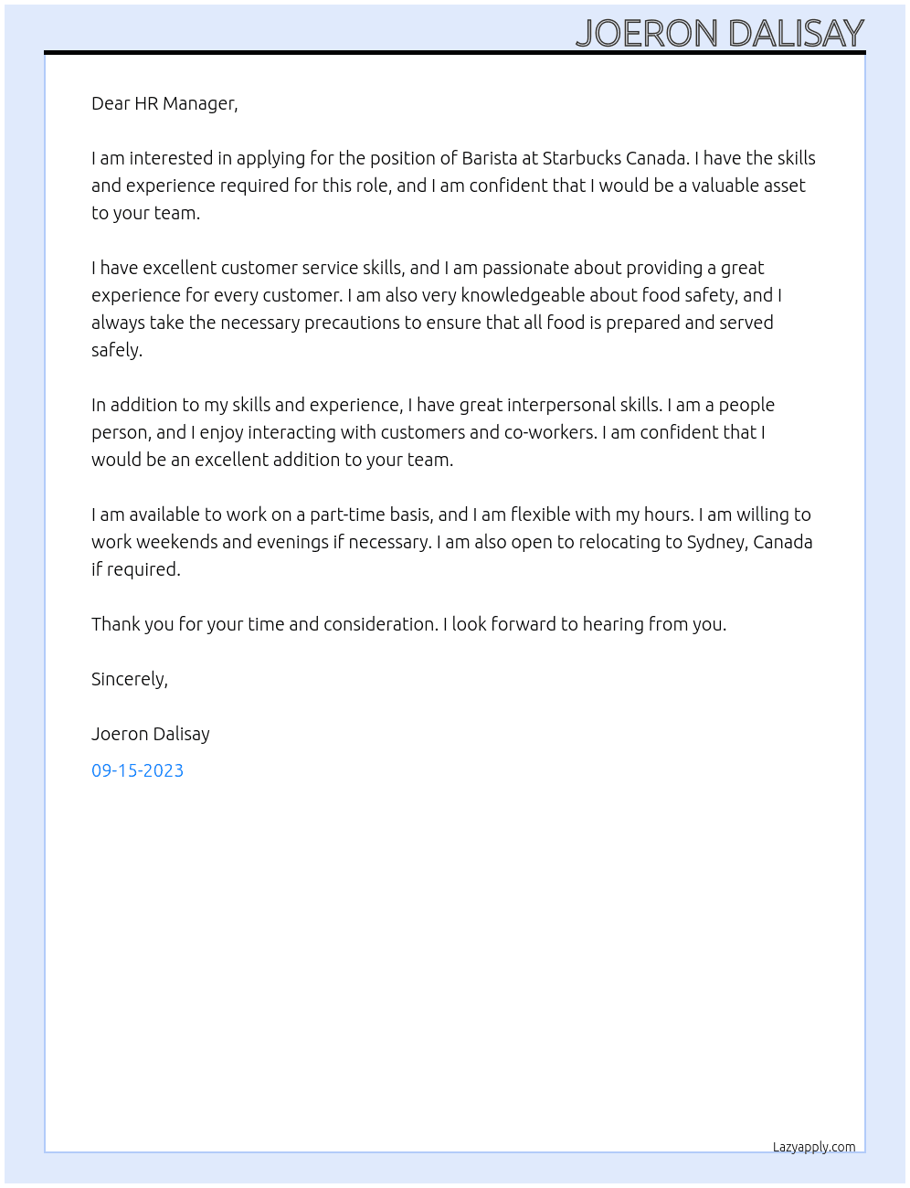 Barista At Starbucks Canada Cover Letter