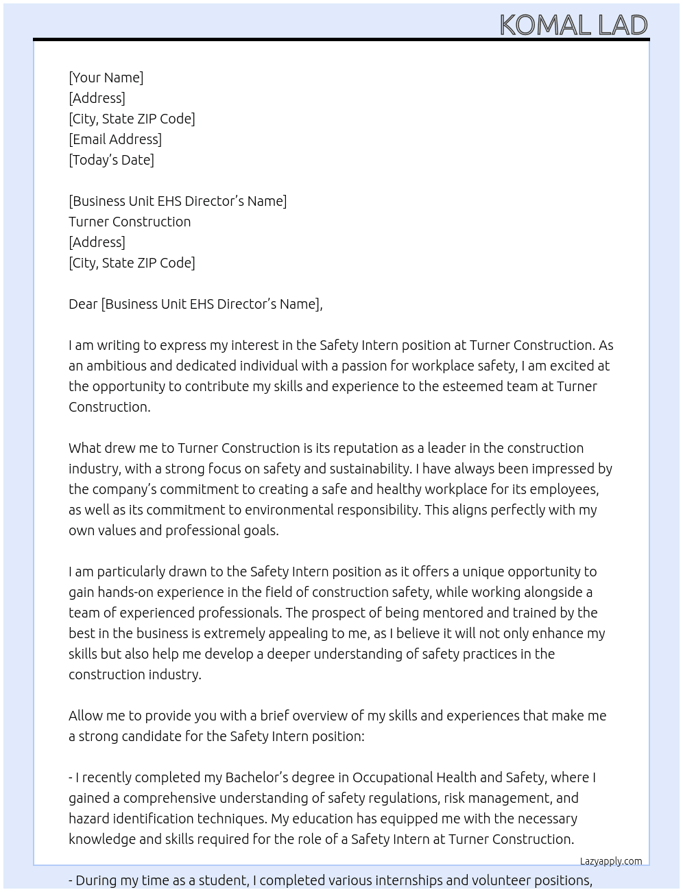 Safety Intern At Turner Construction Cover Letter