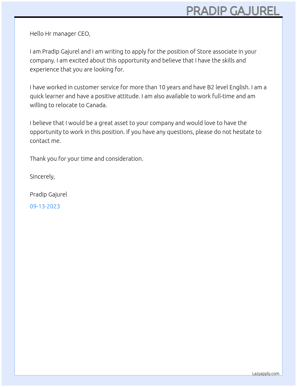 Store associate  At Sale store associate retal shop  Cover Letter