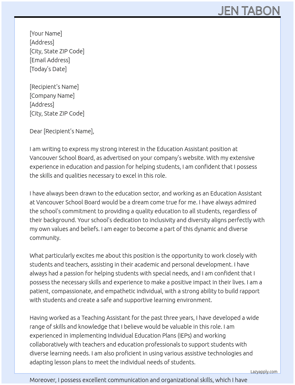Education Assistant  At Vancouver School Board Cover Letter