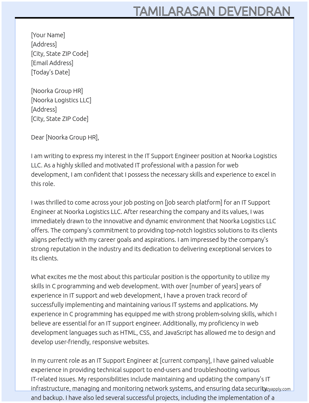 IT support engineer  At Noorka Logistics LLC Cover Letter