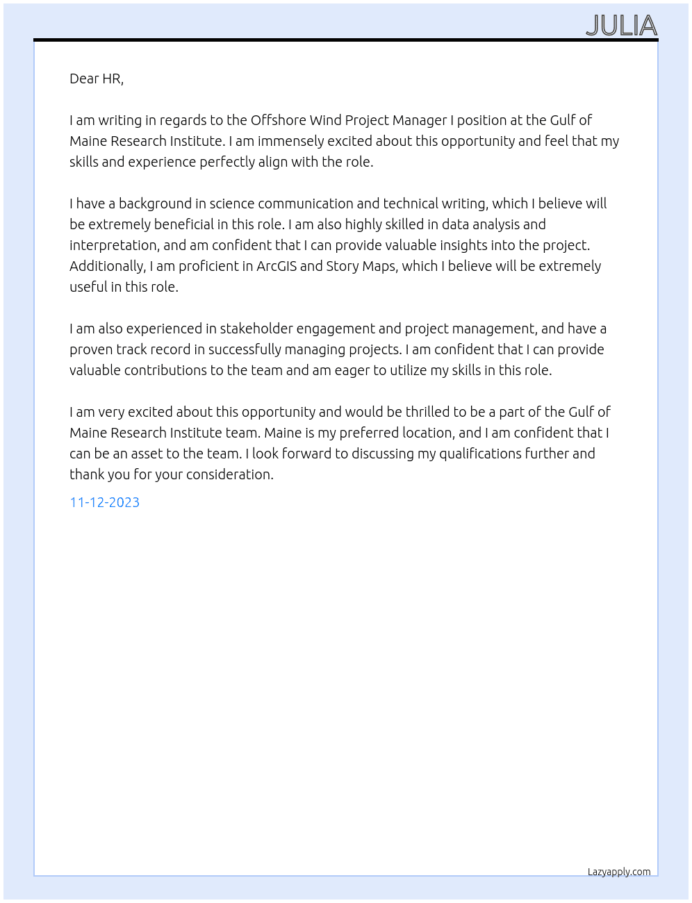 Offshore Wind Project Manager I At Gulf of Maine Research Institute Cover Letter