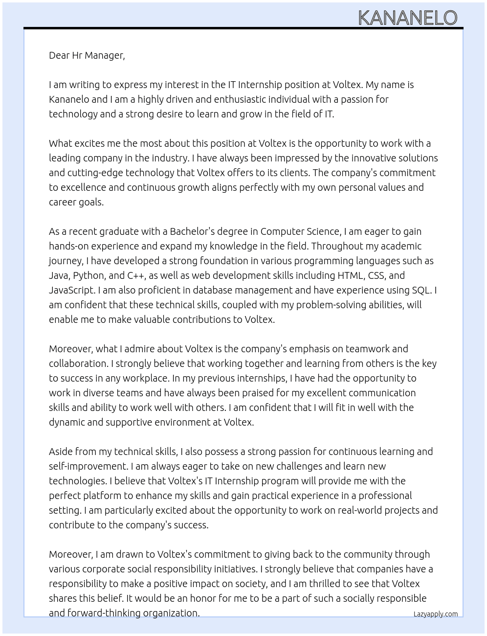 IT Internship At Voltex Cover Letter