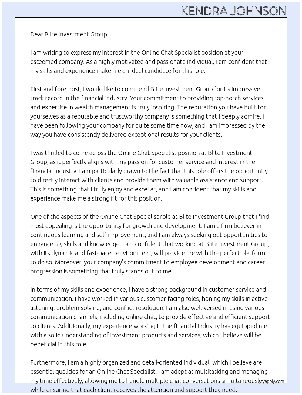 Online Chat Specialist (Entry Level) At Blite Investment Group Cover Letter