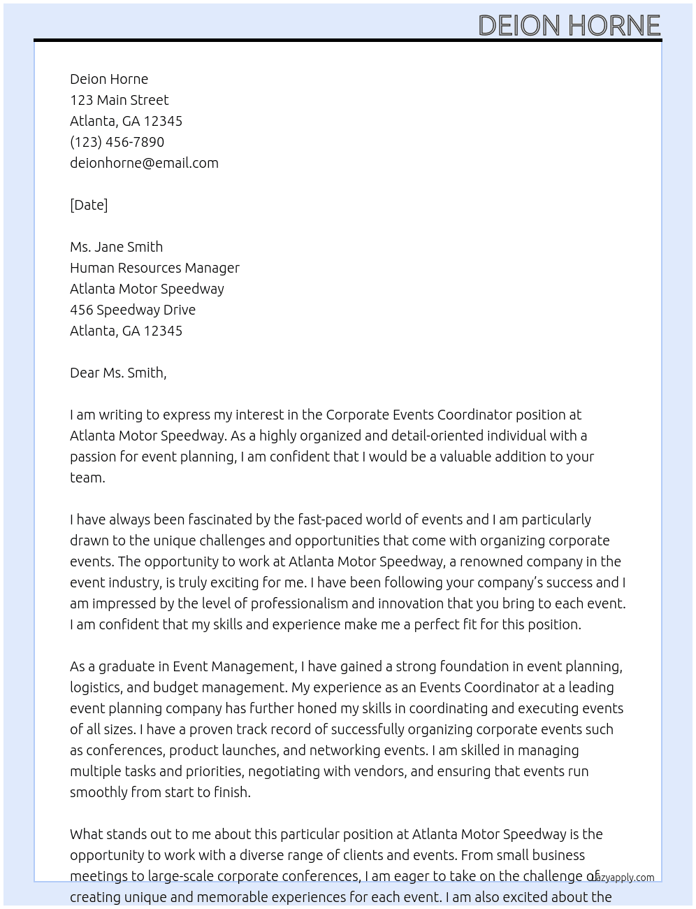 Corporate Events Coordinator At Atlanta Motor Speedway  Cover Letter
