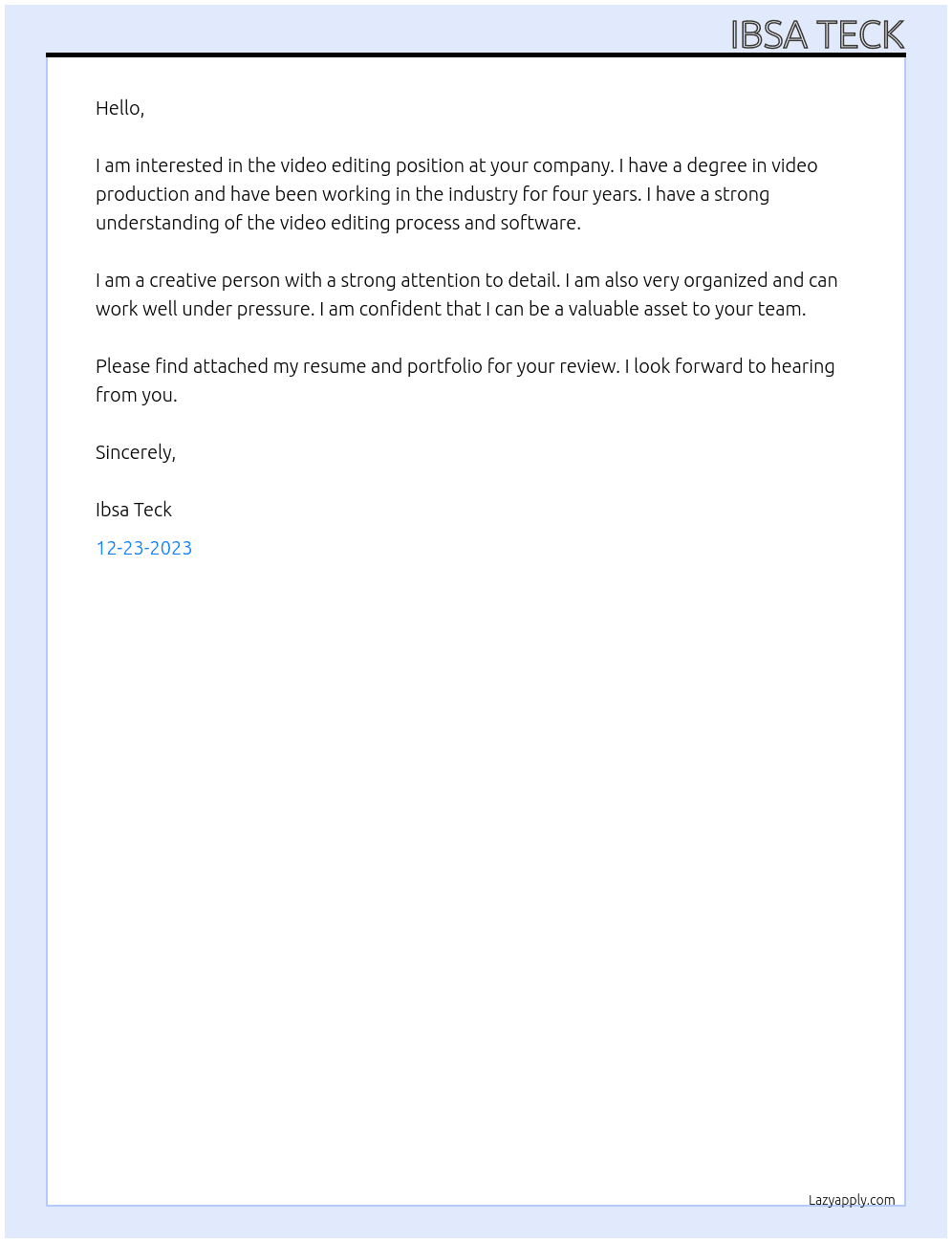 Video editing  At Sir Cover Letter