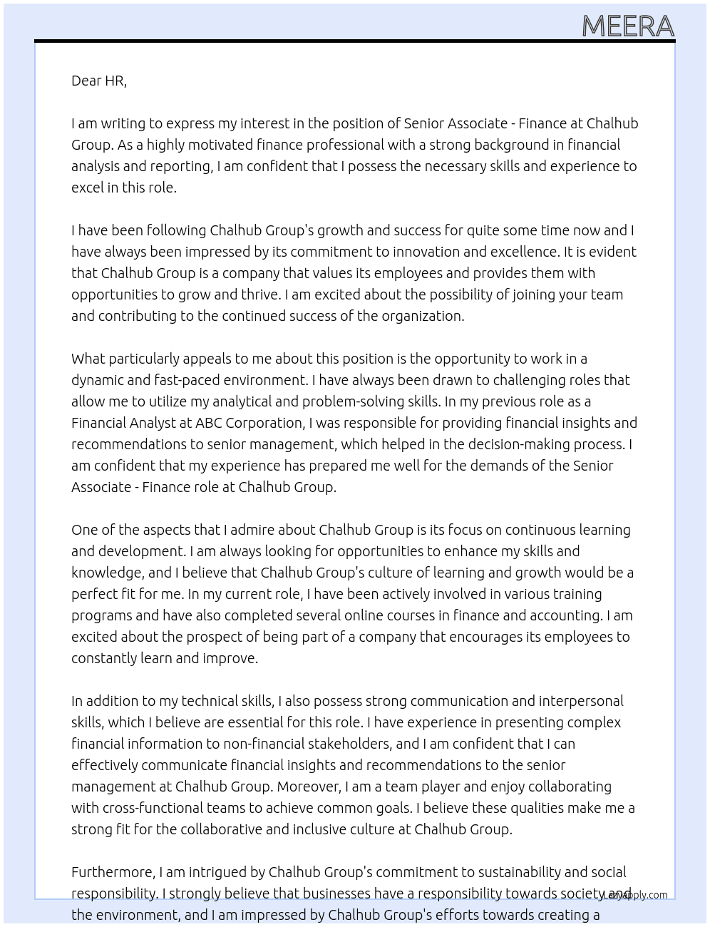Senior Associate - Finance At Chalhub Group Cover Letter