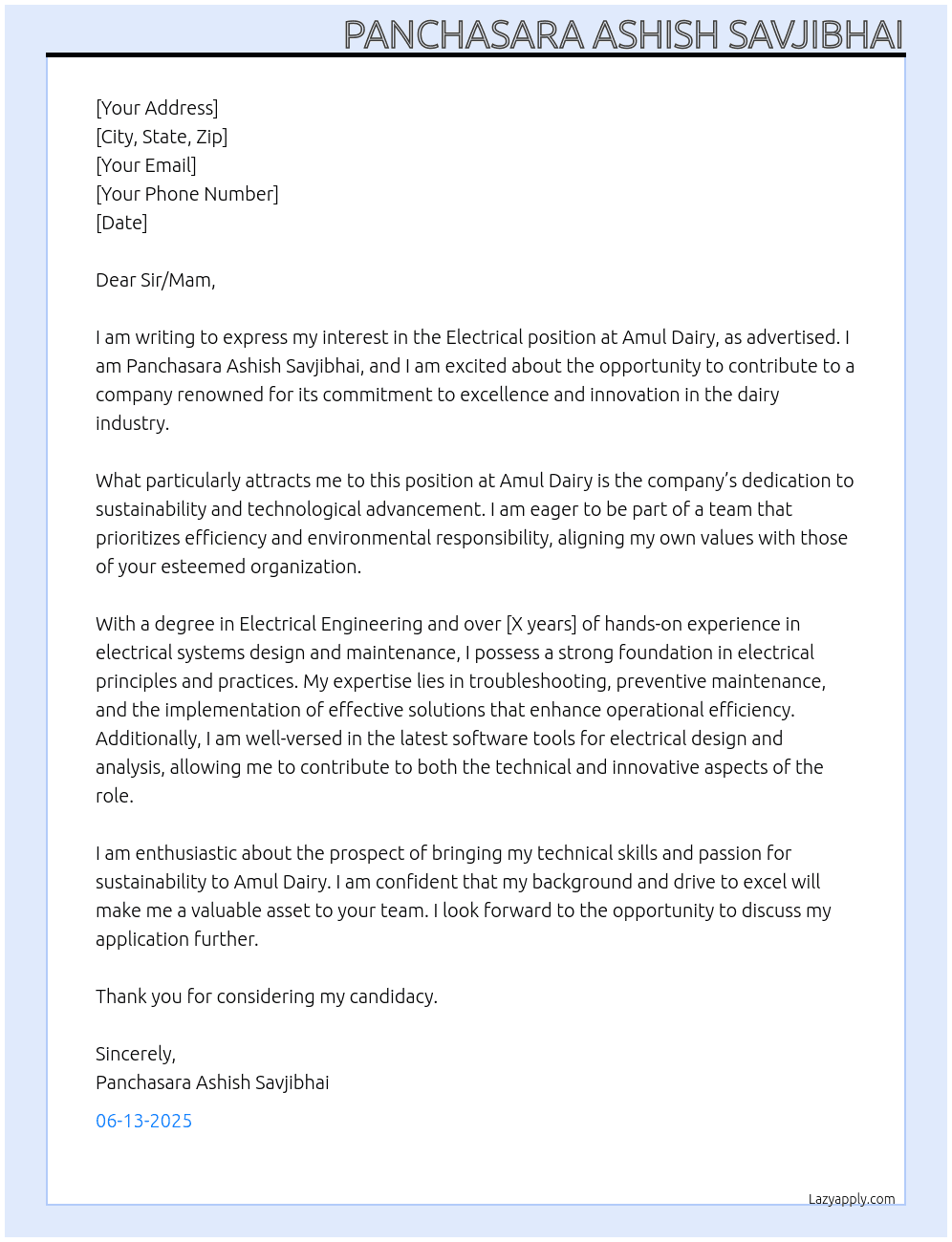 Electrical  At Amul Dairy Cover Letter