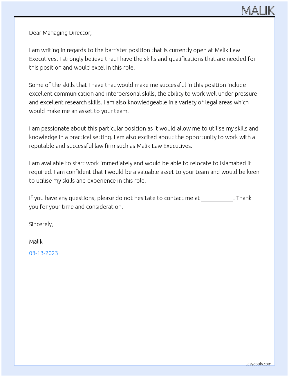 Barrister  At Malik Law Executives  Cover Letter
