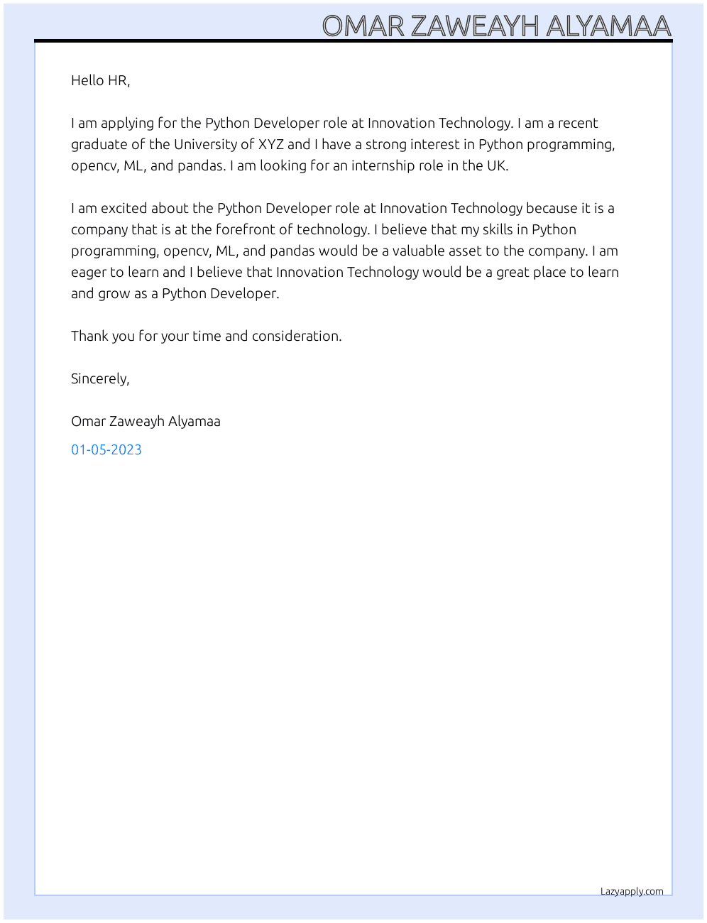 Python Developer  At Innovation technology Cover Letter