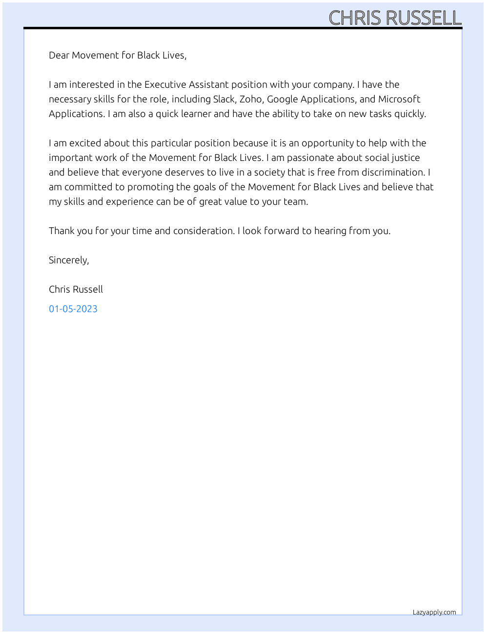 Executive Assistant At Movement for Black Lives Cover Letter