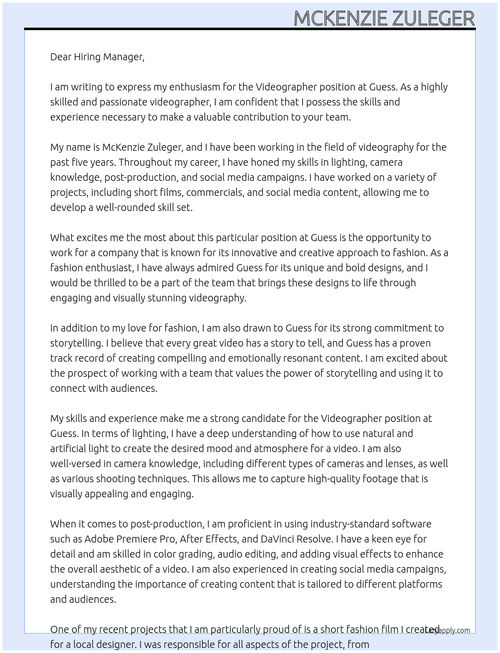 Videographer At Guess Cover Letter