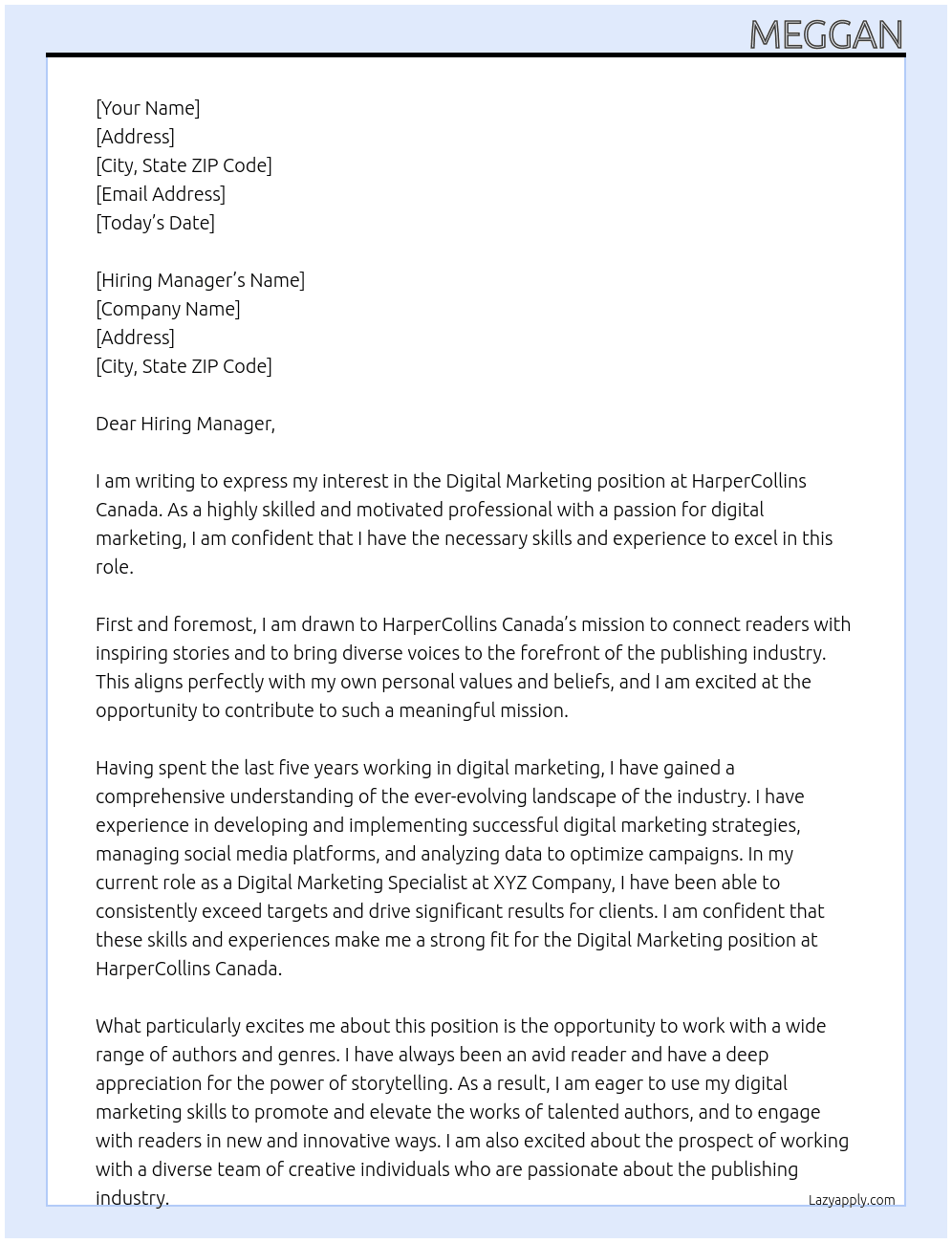digital marketing  At HarperCollins Canada Cover Letter
