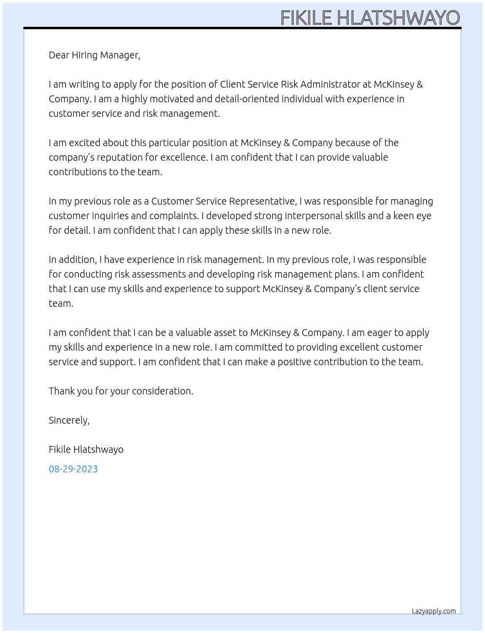 Client service risk administrator At Mckinsey & Company Cover Letter