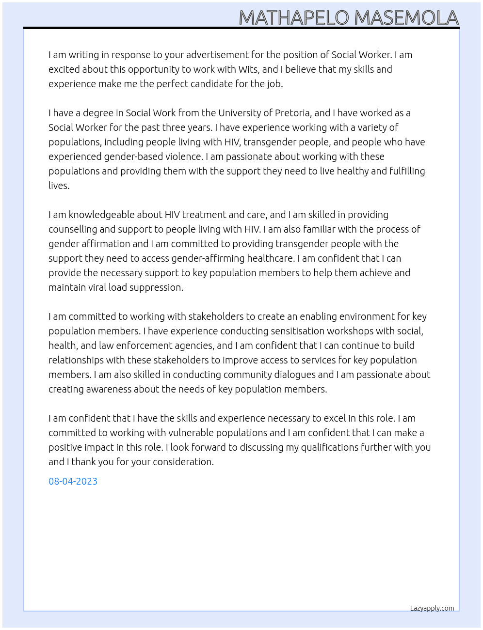 Social Worker  At Wits  Cover Letter