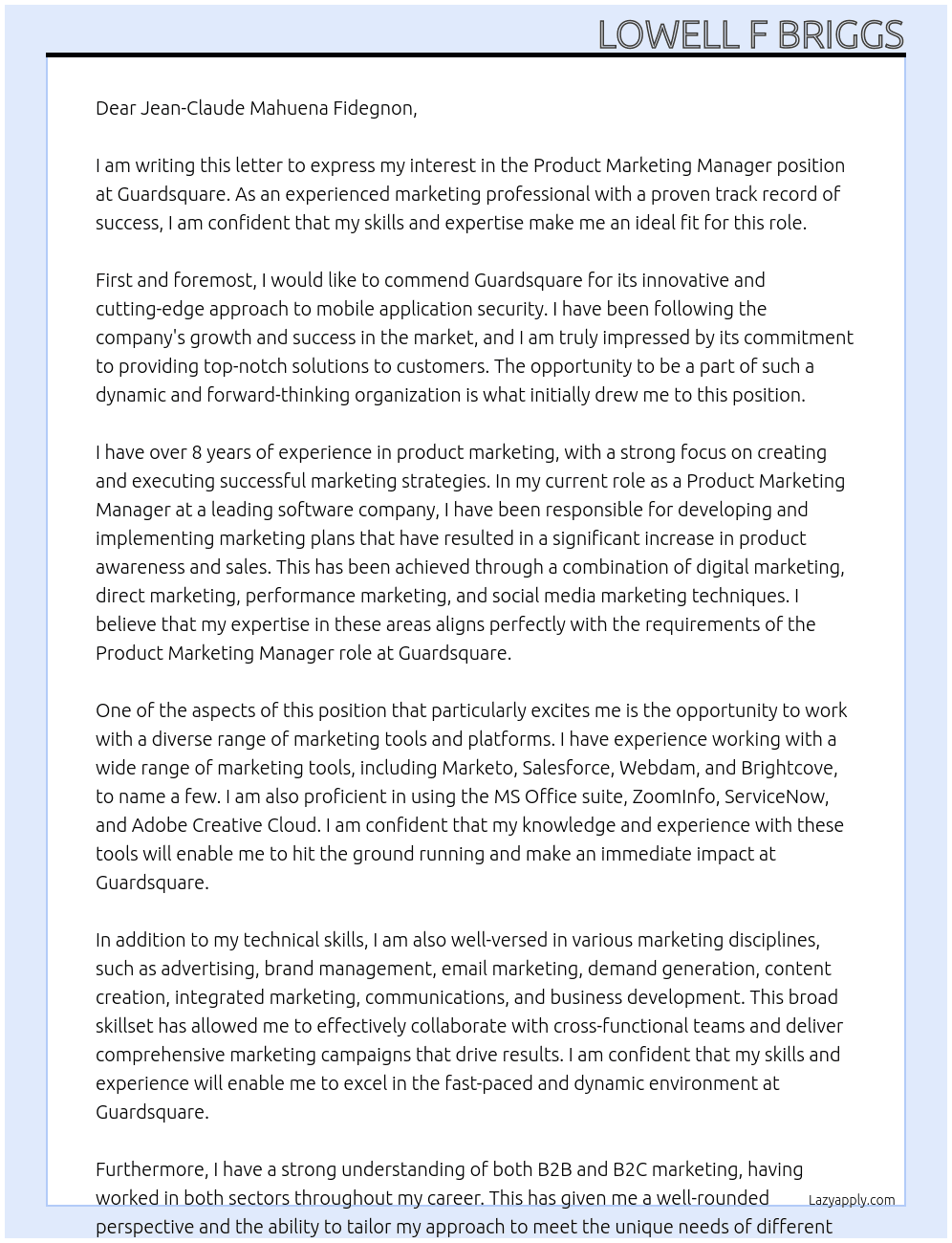 Product Marketing Manager At Guardsquare Cover Letter