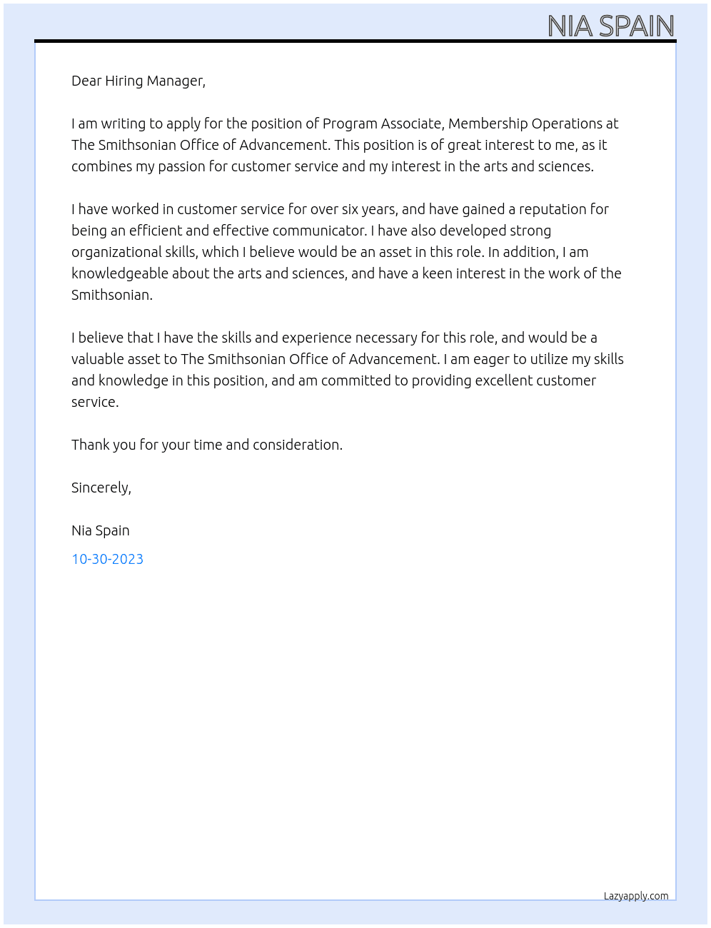 Program Associate, Membership Operations At The Smithsonian Office of Advancement Cover Letter