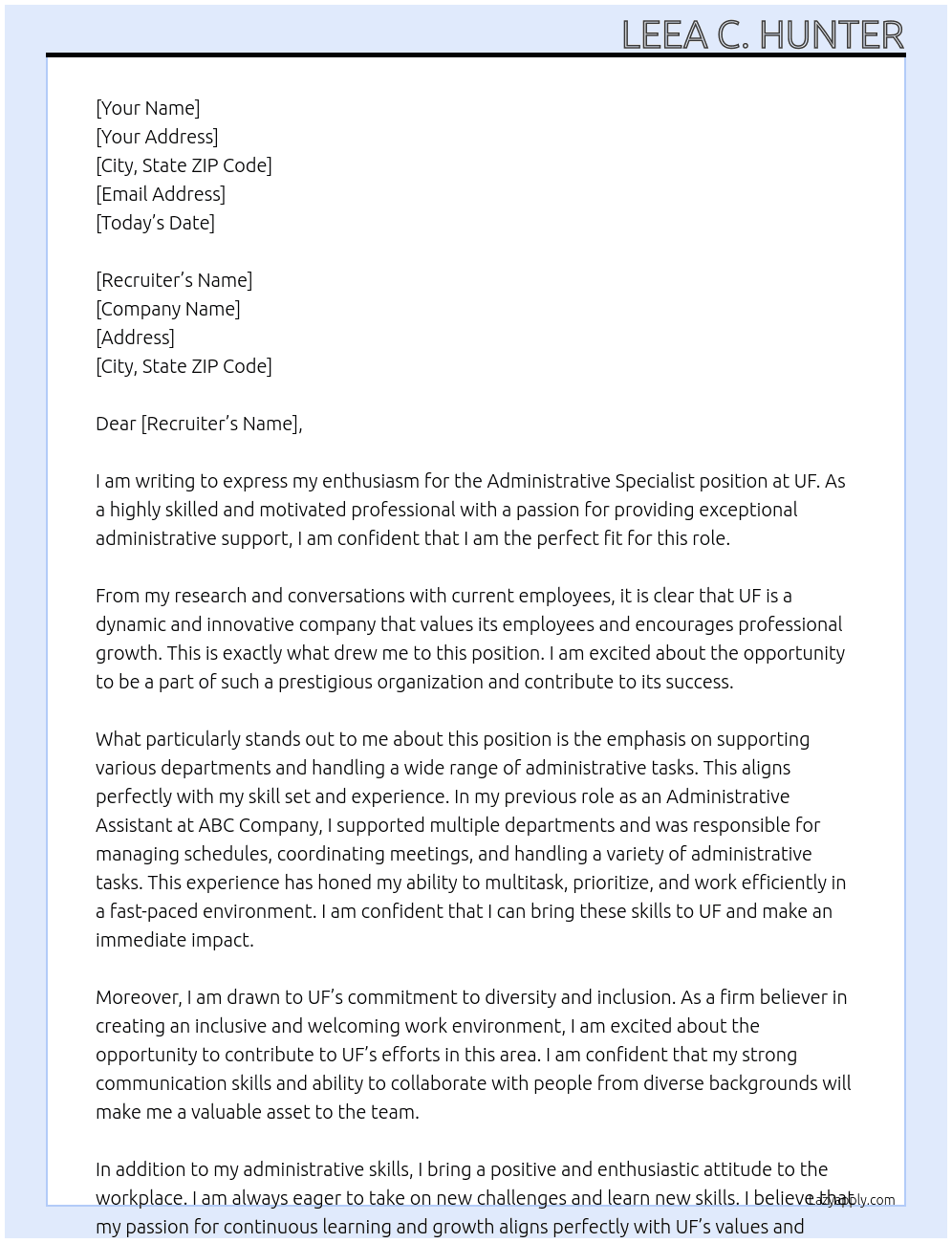 Administrative Specialist   At UF Cover Letter