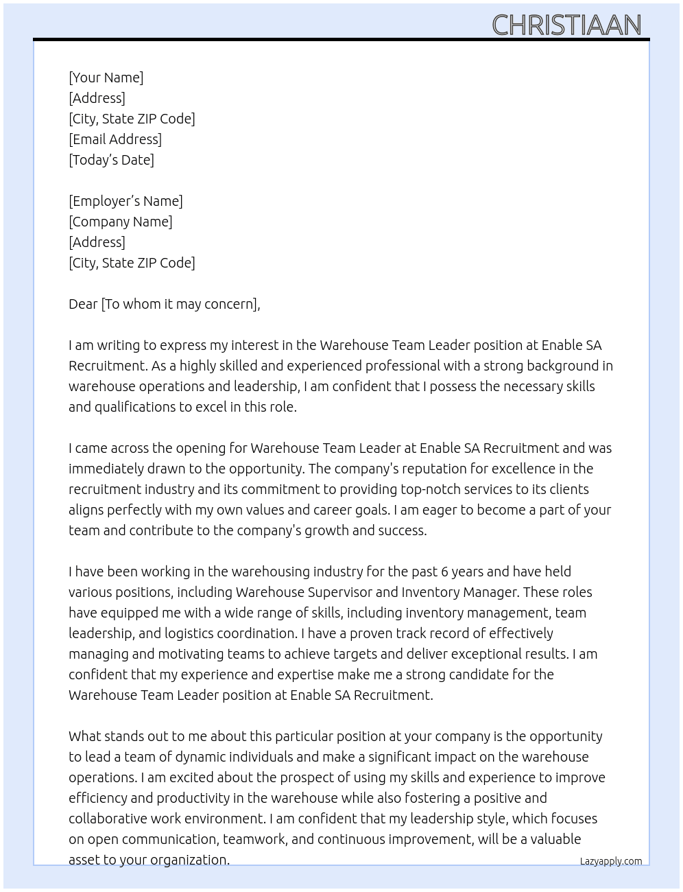 Warehouse team leader At Enable SA Recruitment  Cover Letter