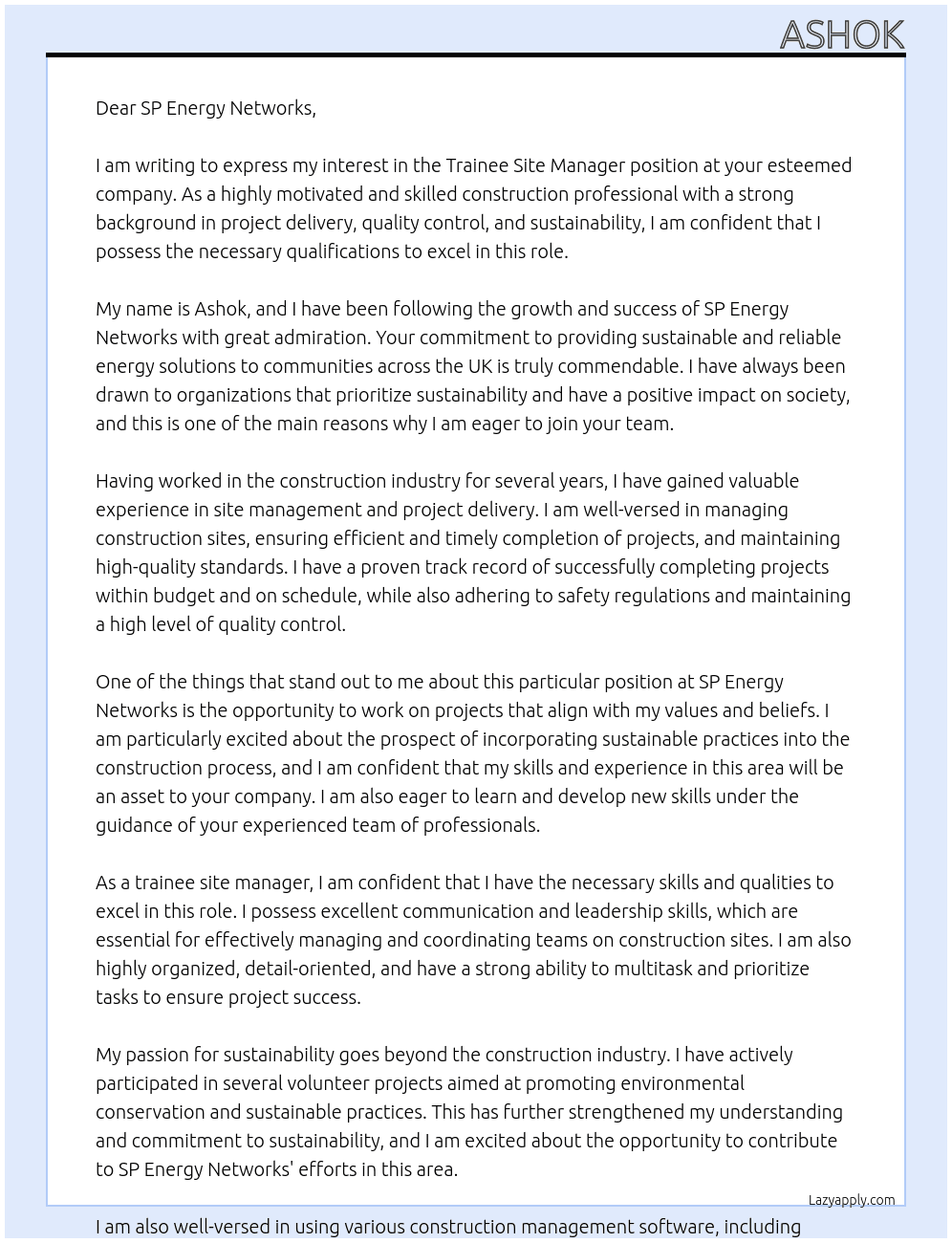Trainee Site Manager At SP Energy Networks Cover Letter