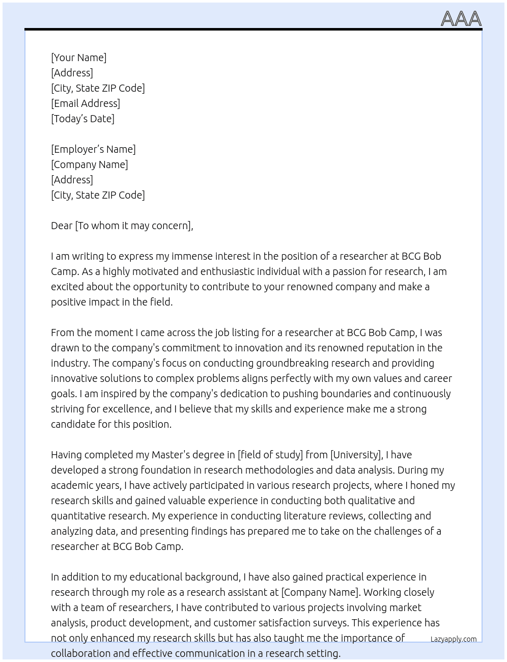 researcher At BCG bob camp Cover Letter