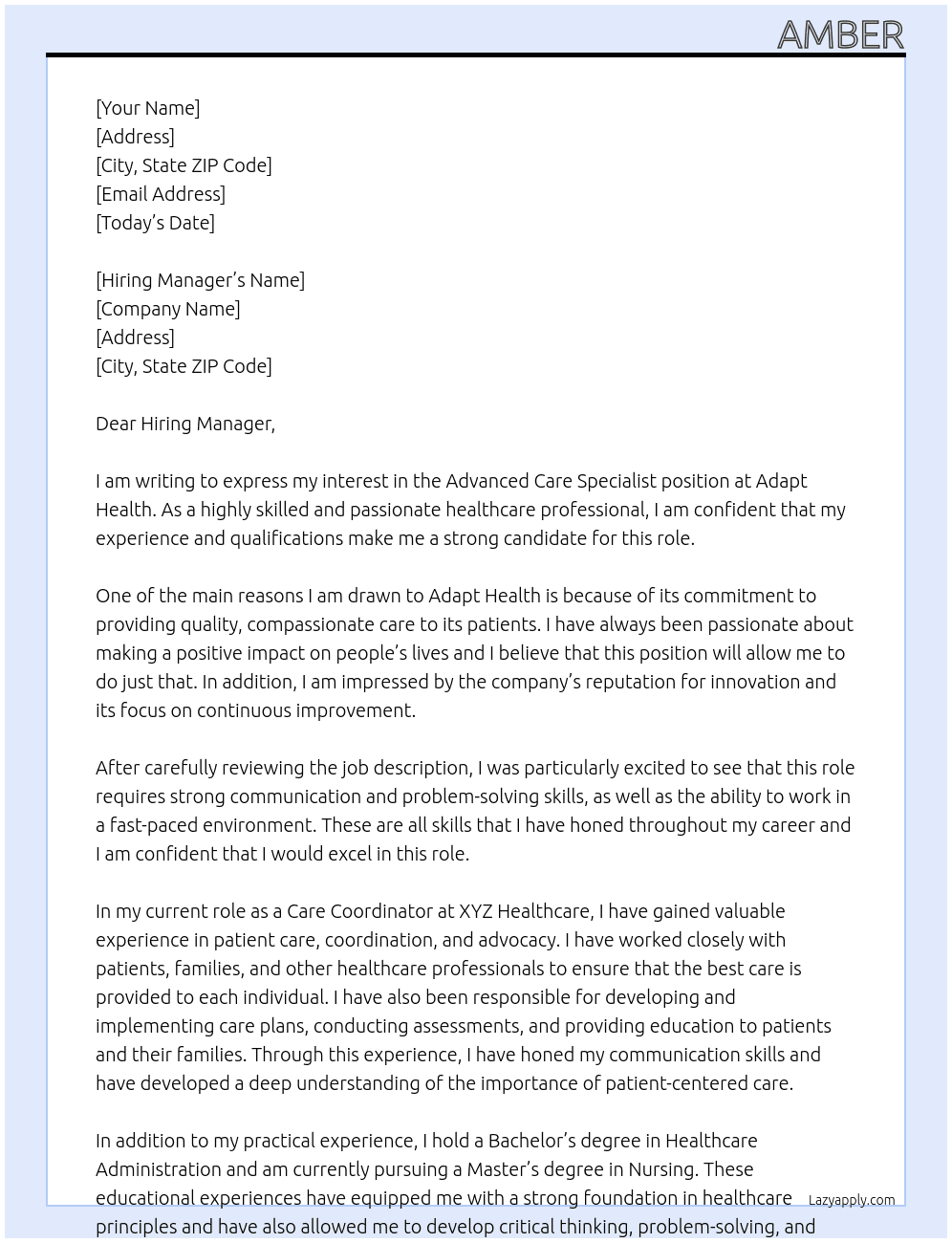 Advanced Care Specialist At Adapt Health Cover Letter