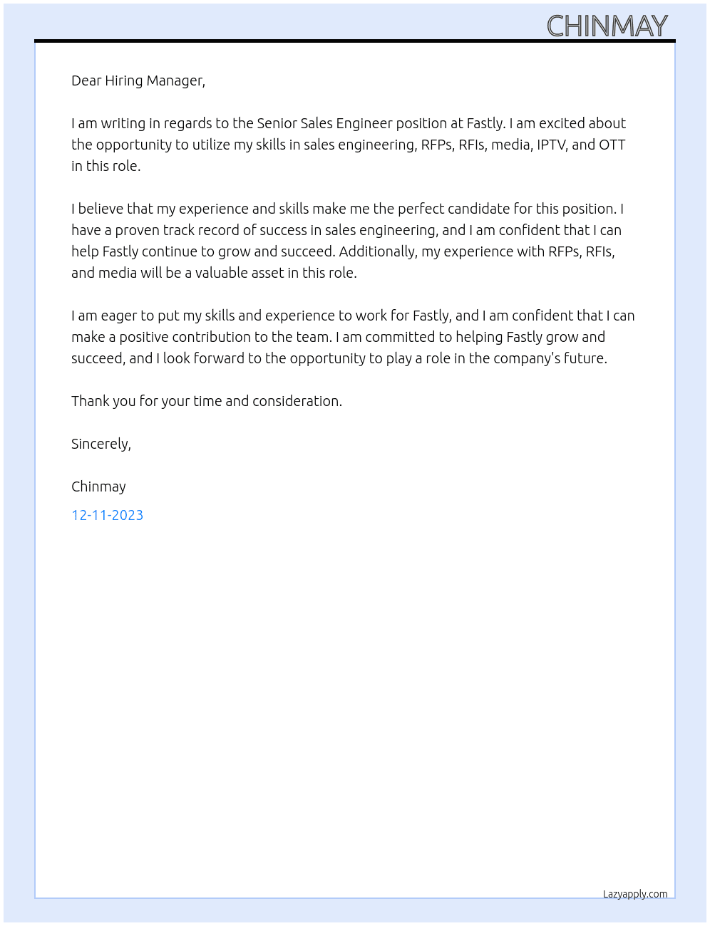Senior Sales Engineer At Fastly Cover Letter