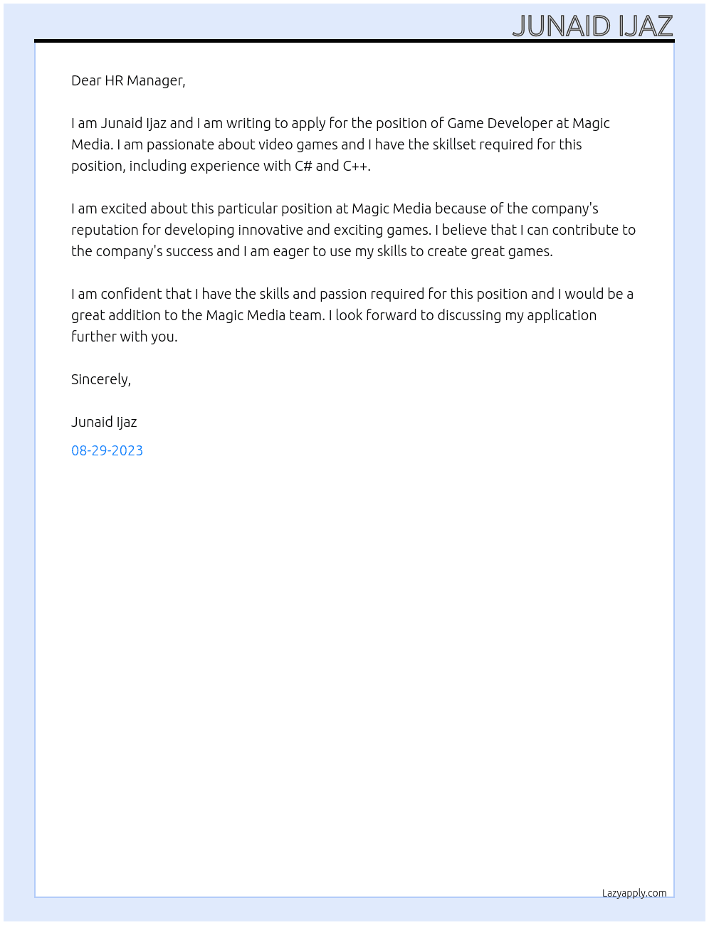 Game Developer At Magic Media Cover Letter