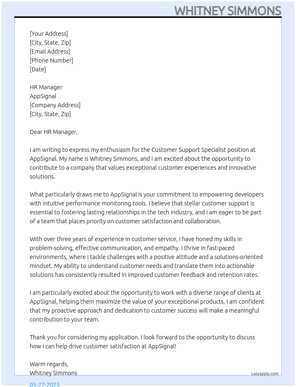 Customer Support Specialist At AppSignal Cover Letter