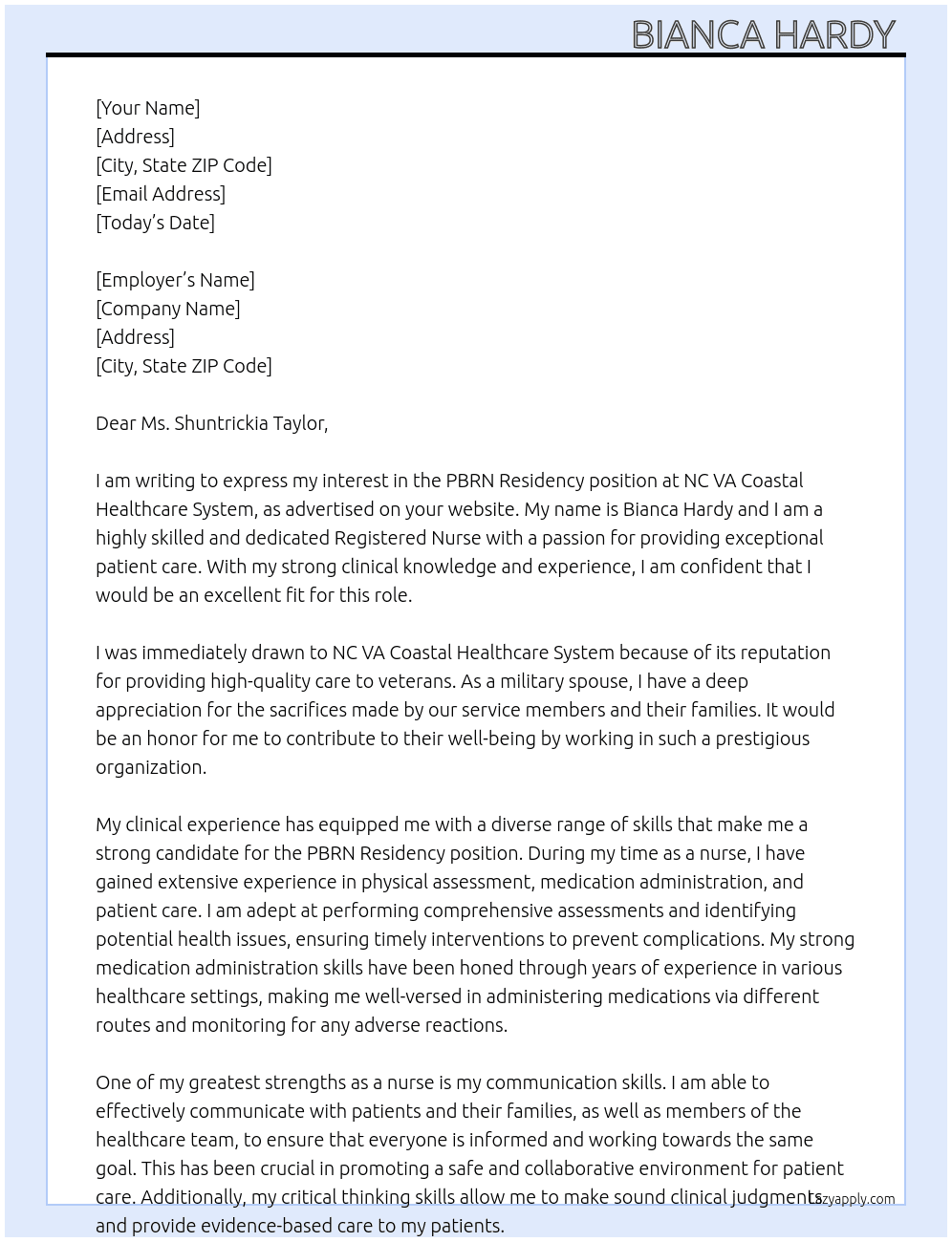 PBRN Residency  At NC VA Coastal Healthcare System  Cover Letter
