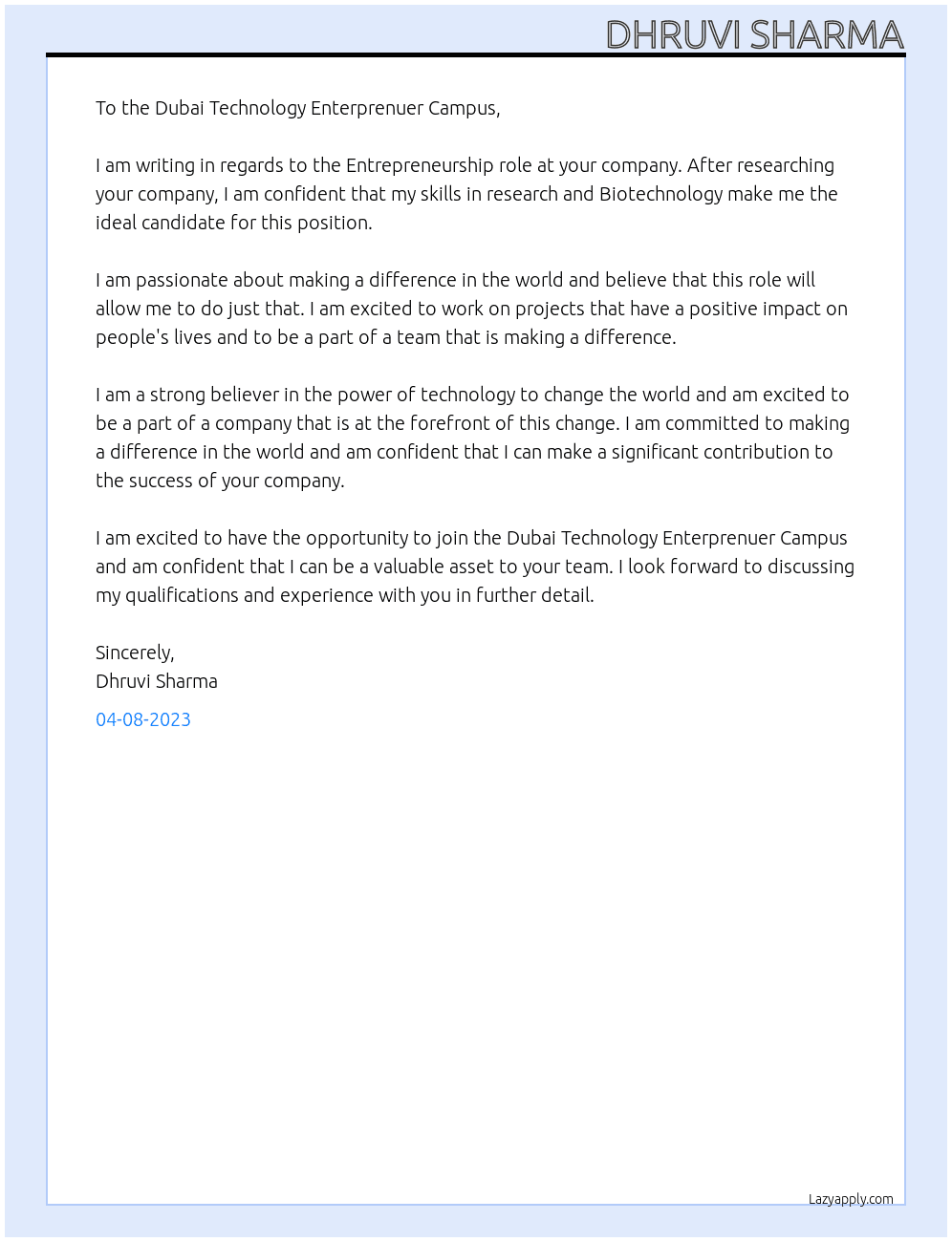 Entrepreneurship At Dubai Technology Enterpreneur Campus Cover Letter