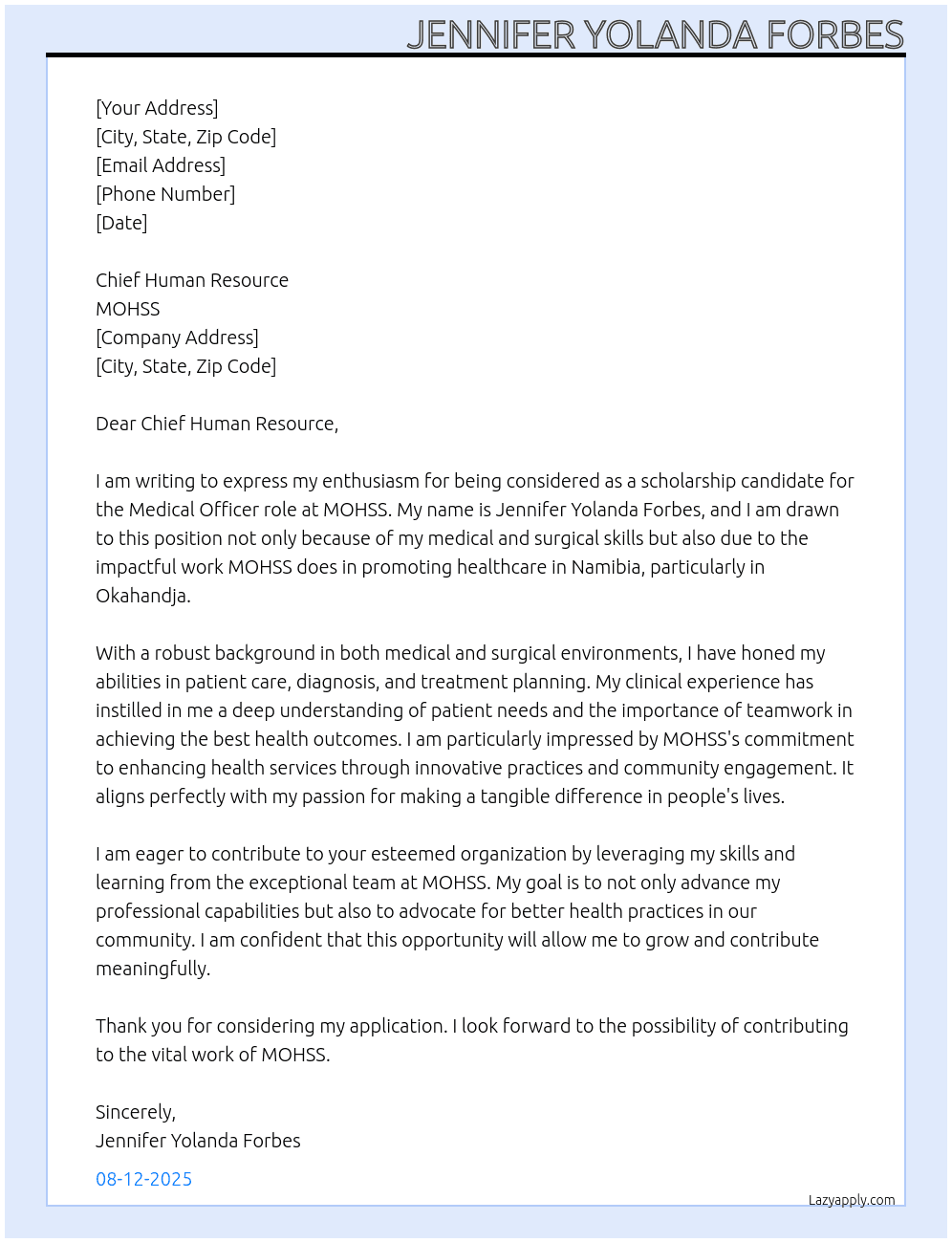 scholarship candiddate At MOHSS Cover Letter
