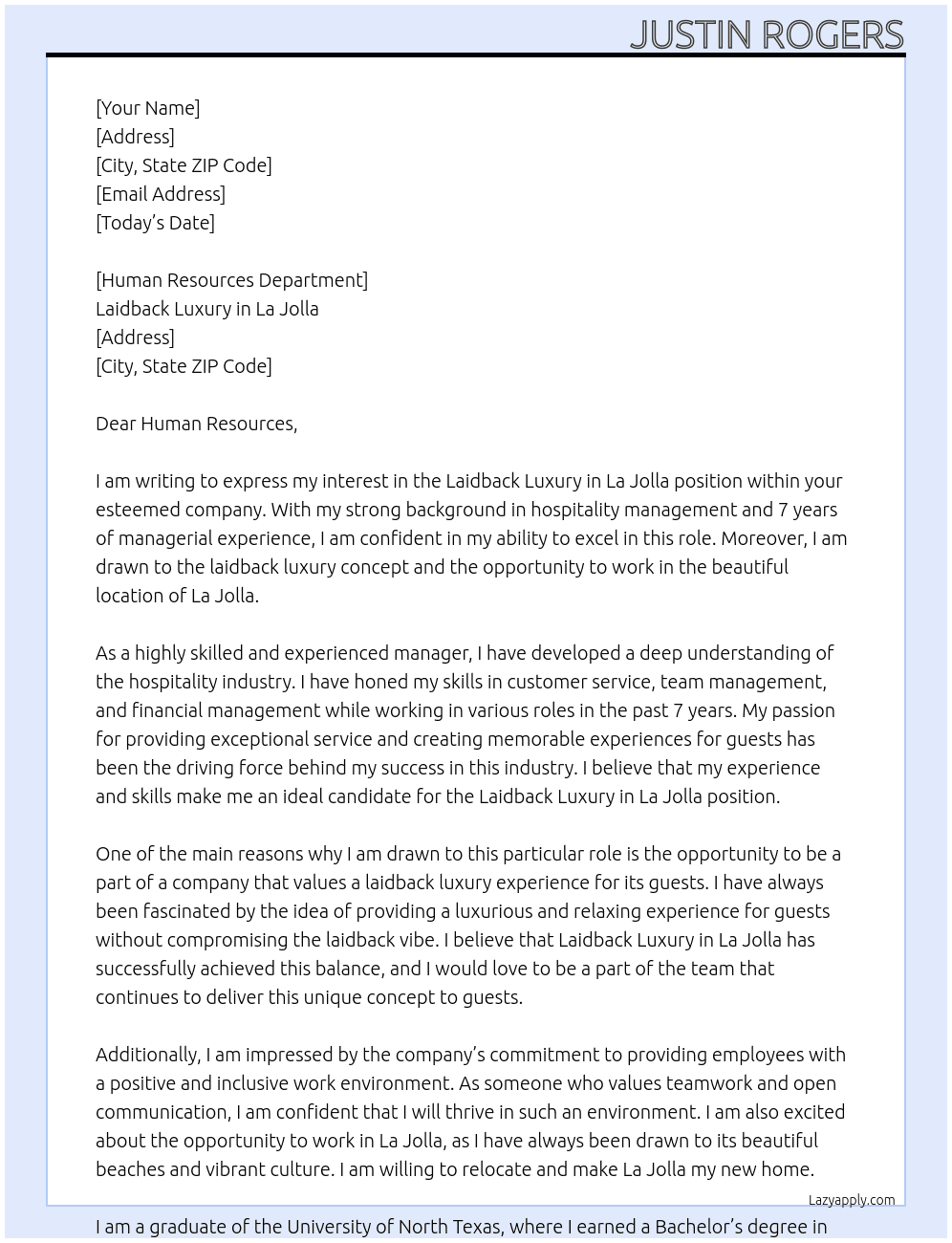 Laidback Luxury in La Jolla At Laidback Luxury in  Cover Letter