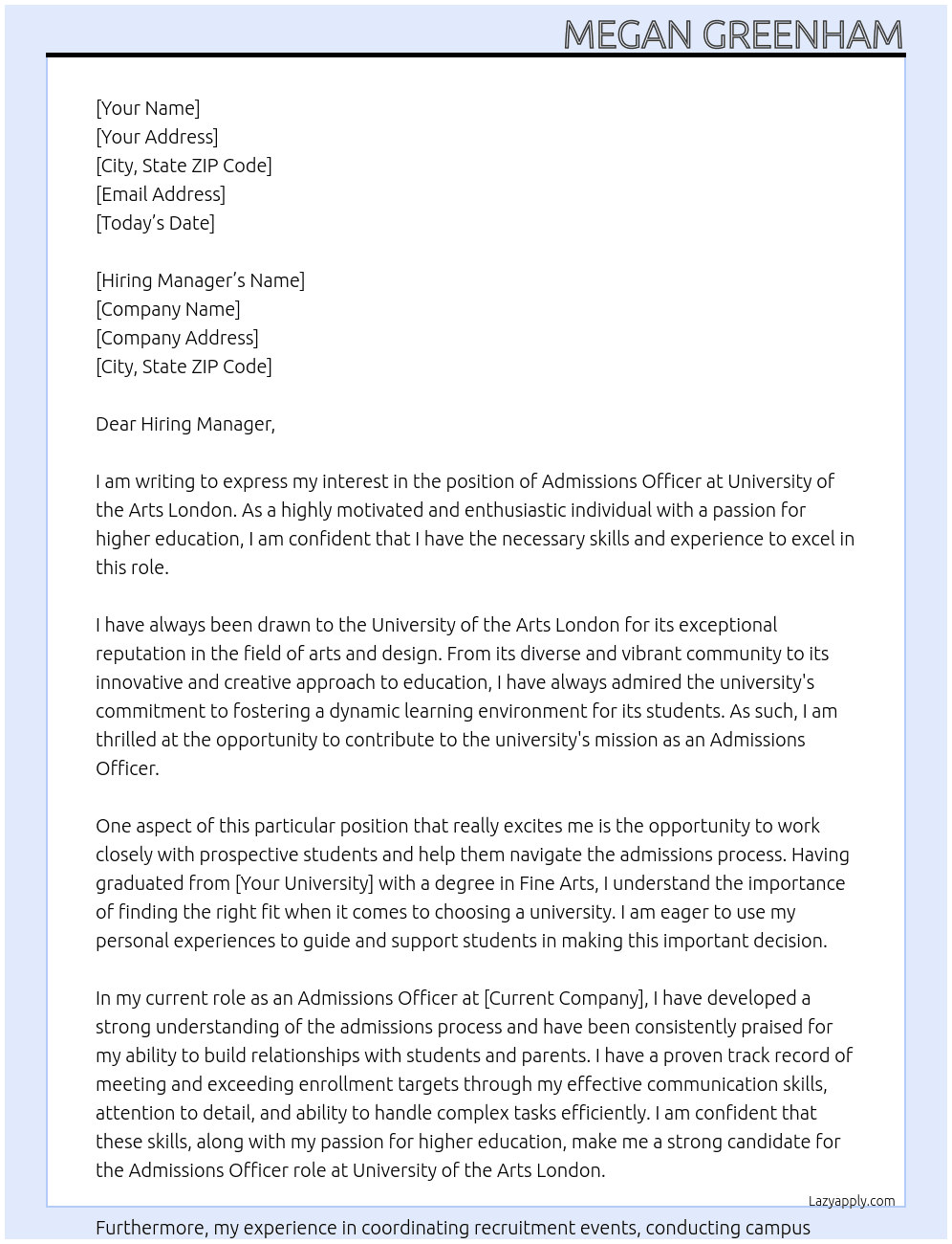 Admissions Officer At University of the Arts London Cover Letter